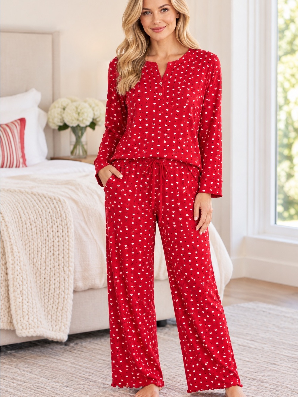 LOFT Sleepwear Womens L Red Heart-Print Cozy Pajama Set 2 Piece